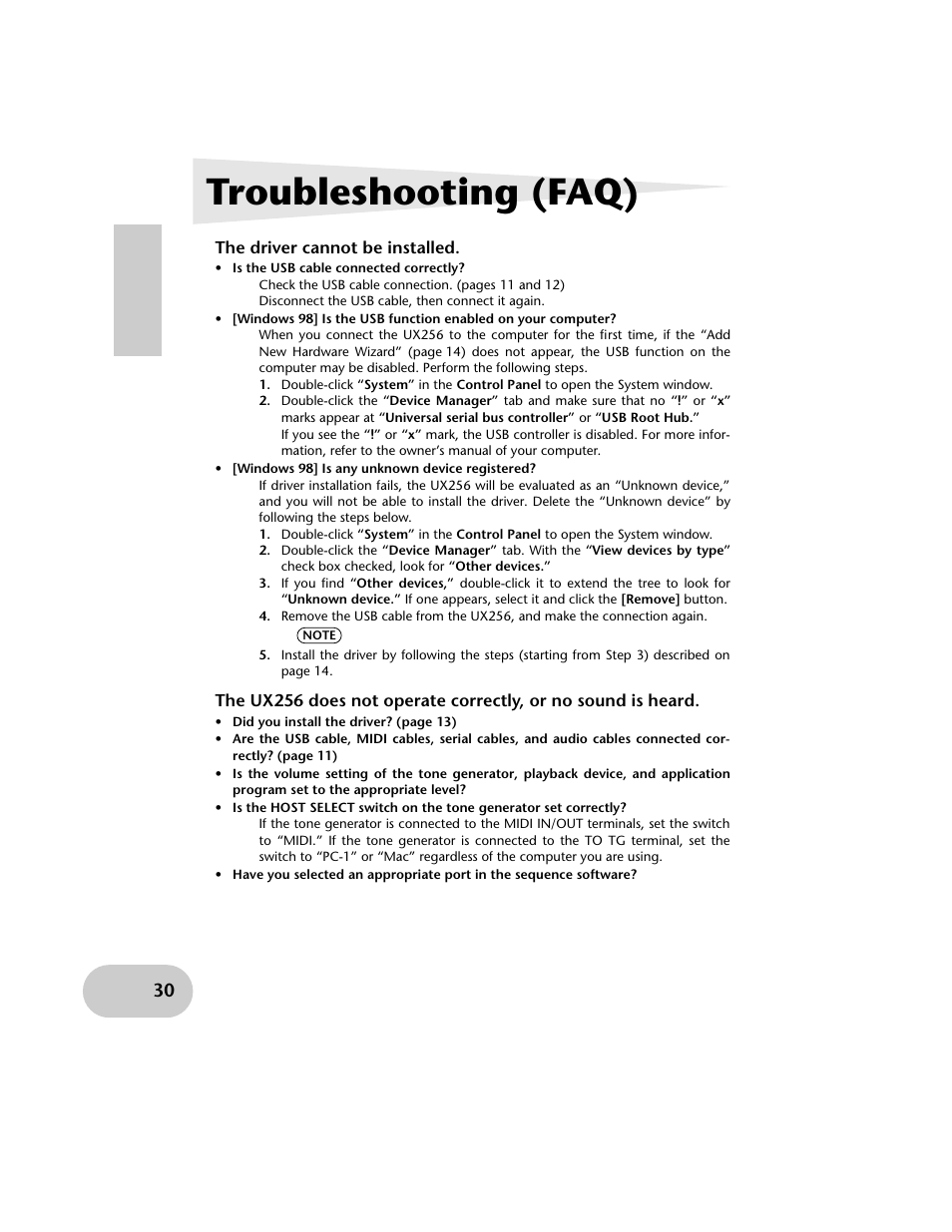 Troubleshooting (faq), The driver cannot be installed | Yamaha UX256 User Manual | Page 30 / 34