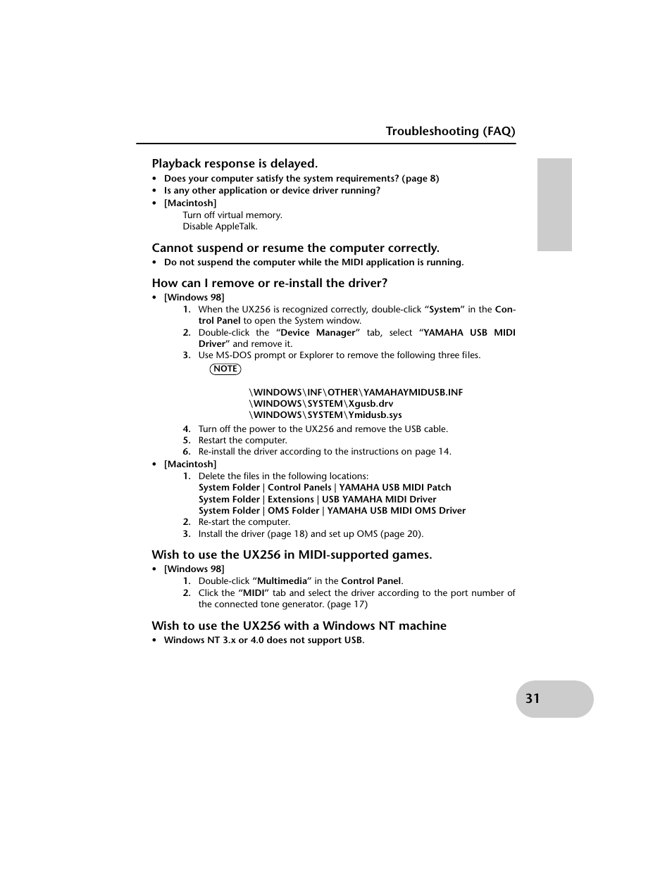 Troubleshooting (faq), Playback response is delayed, Cannot suspend or resume the computer correctly | How can i remove or re-install the driver, Restart the computer, Re-start the computer, Wish to use the ux256 in midi-supported games, Double-click “multimedia” in the control panel, Wish to use the ux256 with a windows nt machine | Yamaha UX256 User Manual | Page 31 / 34