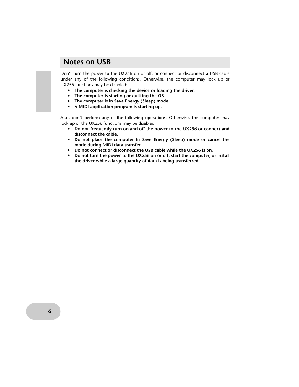 Notes on usb | Yamaha UX256 User Manual | Page 6 / 34