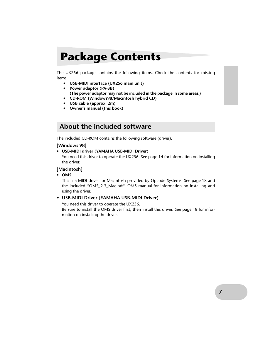 Package contents, About the included software | Yamaha UX256 User Manual | Page 7 / 34