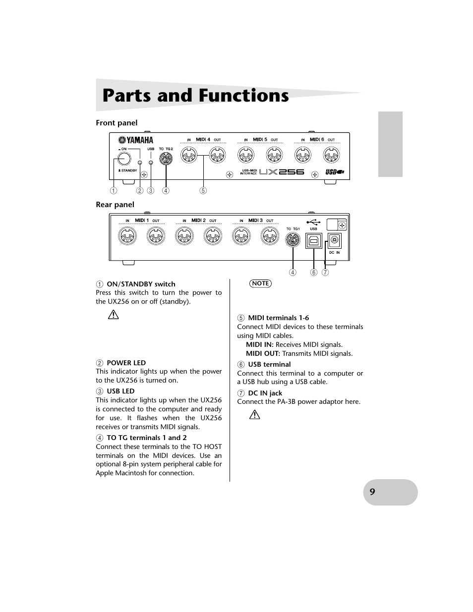 Parts and functions, A on/standby switch, B power led | C usb led, D to tg terminals 1 and 2, E midi terminals 1-6, F usb terminal, G dc in jack | Yamaha UX256 User Manual | Page 9 / 34