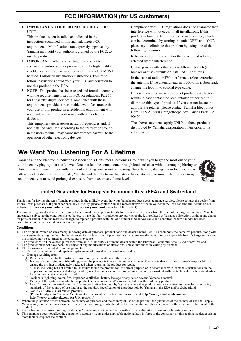 We want you listening for a lifetime, Fcc information (for us customers) | Yamaha YST-FSW050  EN User Manual | Page 3 / 12