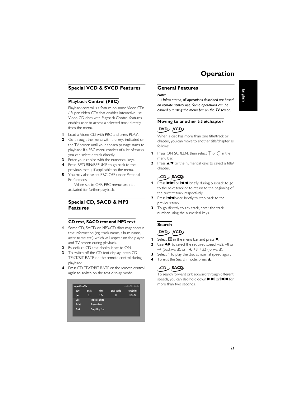 Special vcd & svcd features, Playback control (pbc), Special cd, sacd & mp3 features | Cd text, sacd text and mp3 text, General features, Moving to another title/chapter, Search, Moving to another title/chapter search, Operation | Yamaha DVD-C940 User Manual | Page 25 / 34