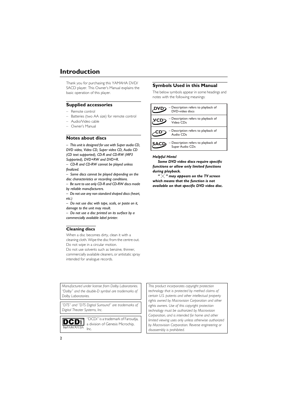 Introduction, Supplied accessories, Notes about discs | Cleaning discs, Symbols used in this manual, Supplied accessories notes about discs | Yamaha DVD-C940 User Manual | Page 6 / 34