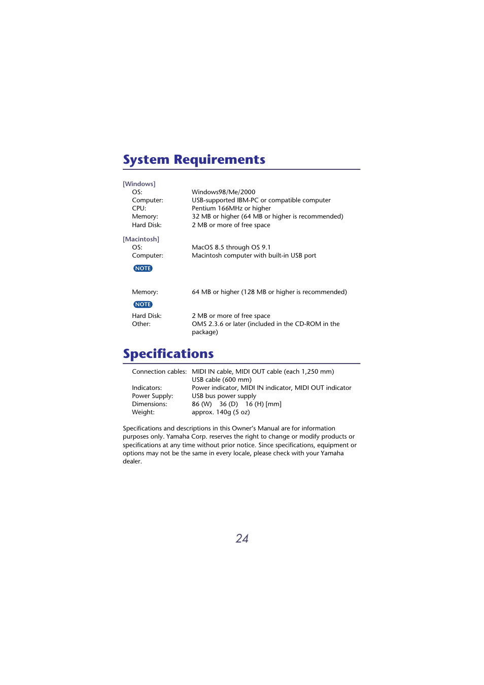 System requirements, Specifications, System requirements specifications | Yamaha USB-MIDI INTERFACE UX16 User Manual | Page 24 / 31