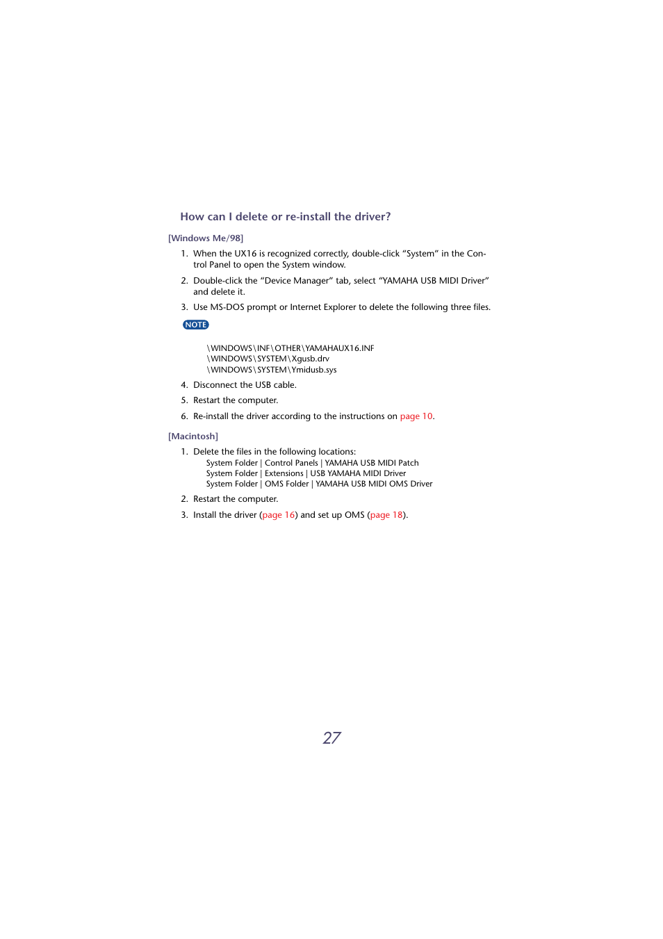 Correctly. delete the driver, And re-install the driver, How can i delete or re-install the driver | Yamaha USB-MIDI INTERFACE UX16 User Manual | Page 27 / 31