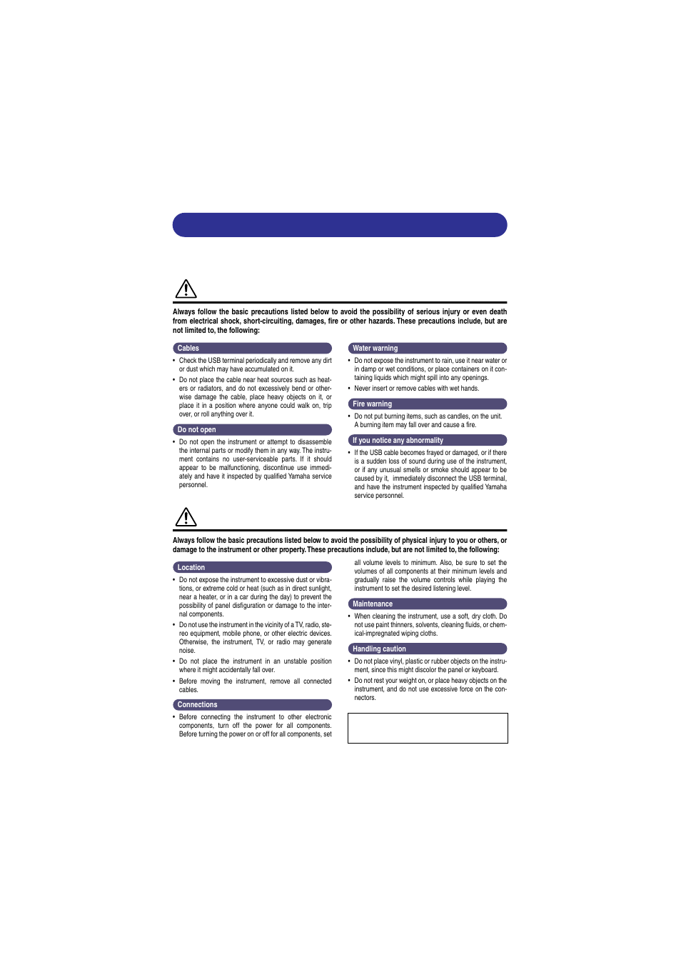 Precautions, Warning, Caution | Yamaha USB-MIDI INTERFACE UX16 User Manual | Page 3 / 31