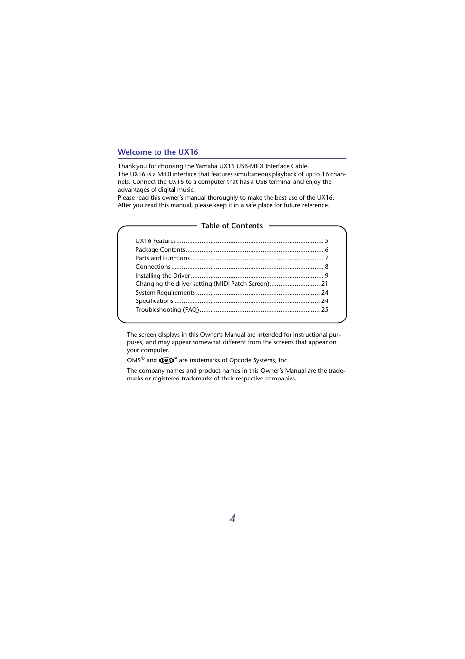 Yamaha USB-MIDI INTERFACE UX16 User Manual | Page 4 / 31