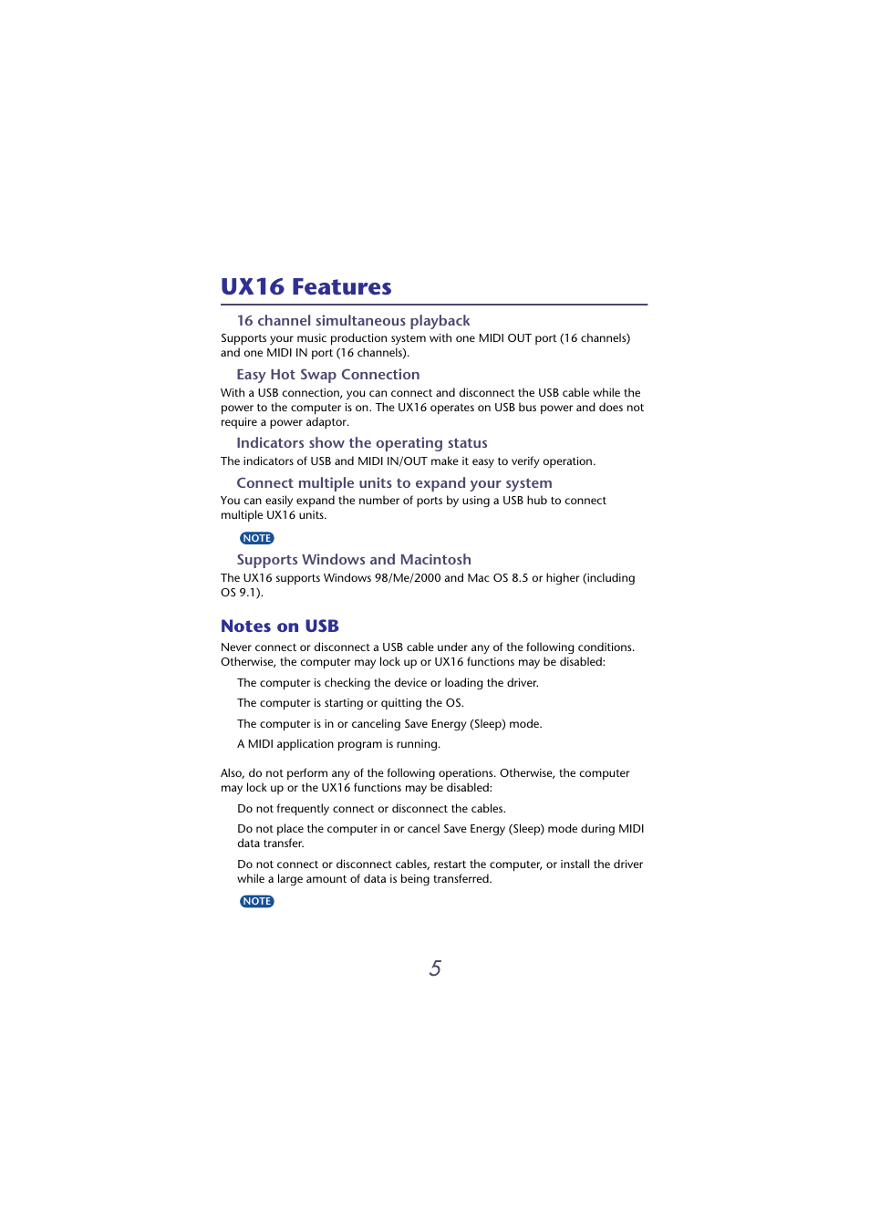 Ux16 features | Yamaha USB-MIDI INTERFACE UX16 User Manual | Page 5 / 31