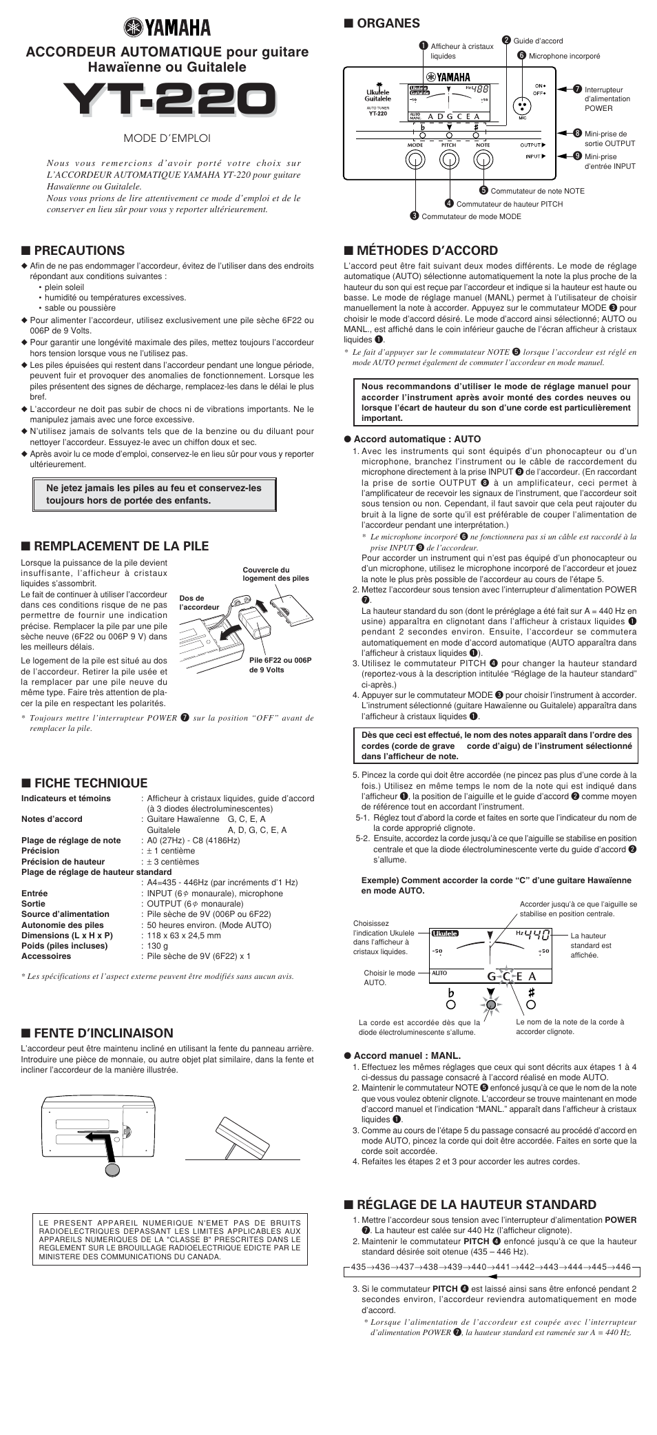 Yt-220, Precautions, Fente d’inclinaison | Remplacement de la pile, Fiche technique, Réglage de la hauteur standard, Méthodes d’accord, Organes | Yamaha YT-220 User Manual | Page 3 / 7