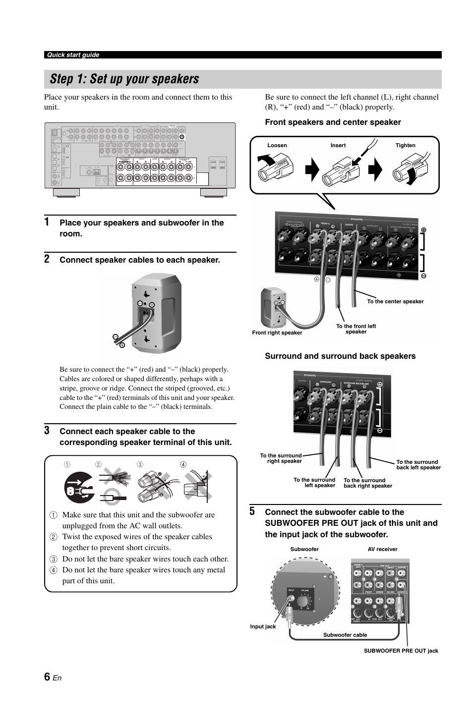 Step 1: set up your speakers, P. 6, Place your speakers and subwoofer in the room | Connect speaker cables to each speaker, Play), Front(6ch) single, Rec), Quick start guide | Yamaha RX-V861 User Manual | Page 10 / 129
