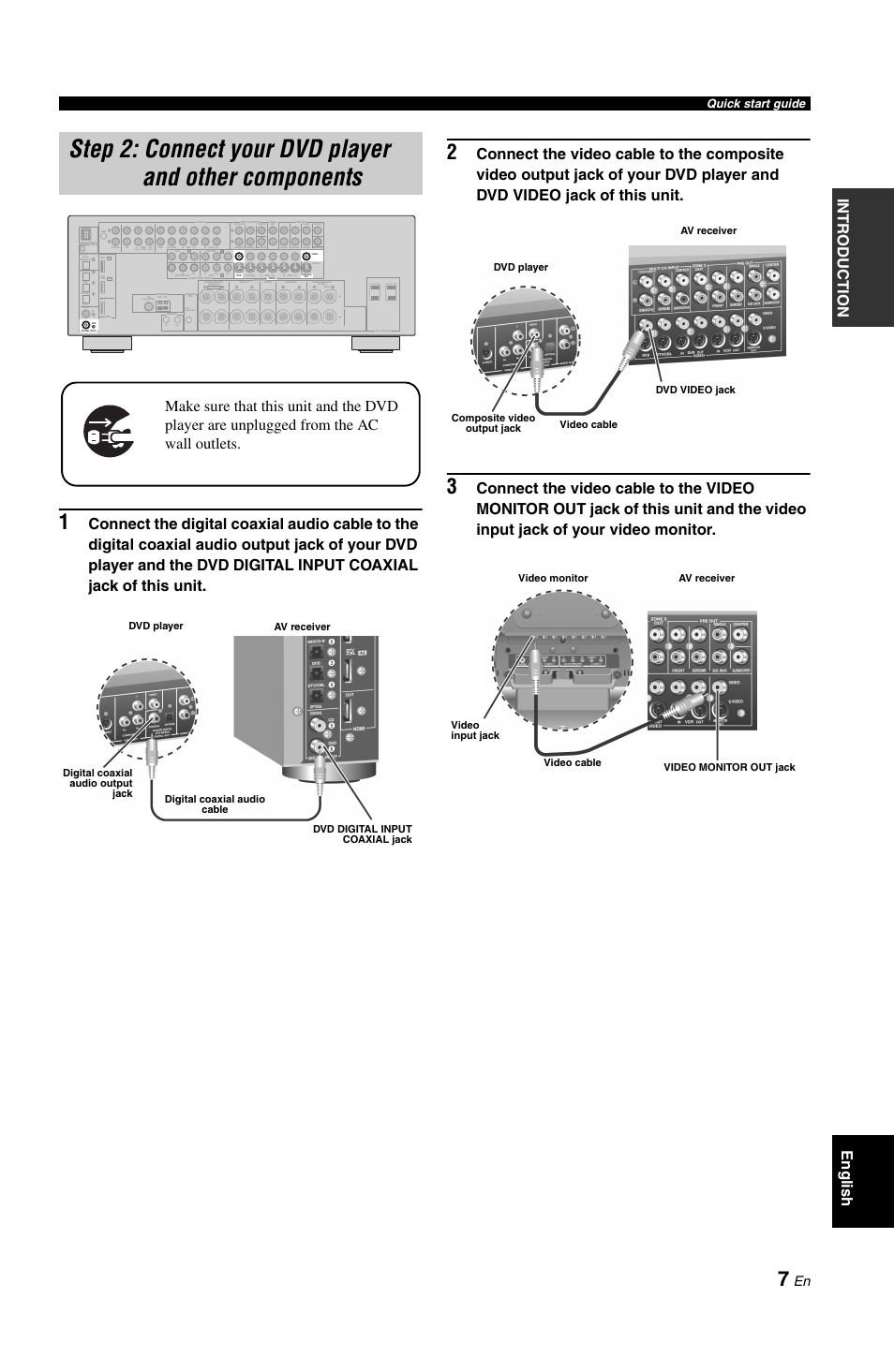 Step 2: connect your dvd player, And other components, P. 7 | Intr oduction english, Play) out out in, Front(6ch) single, Out in in (rec), Quick start guide | Yamaha RX-V861 User Manual | Page 11 / 129