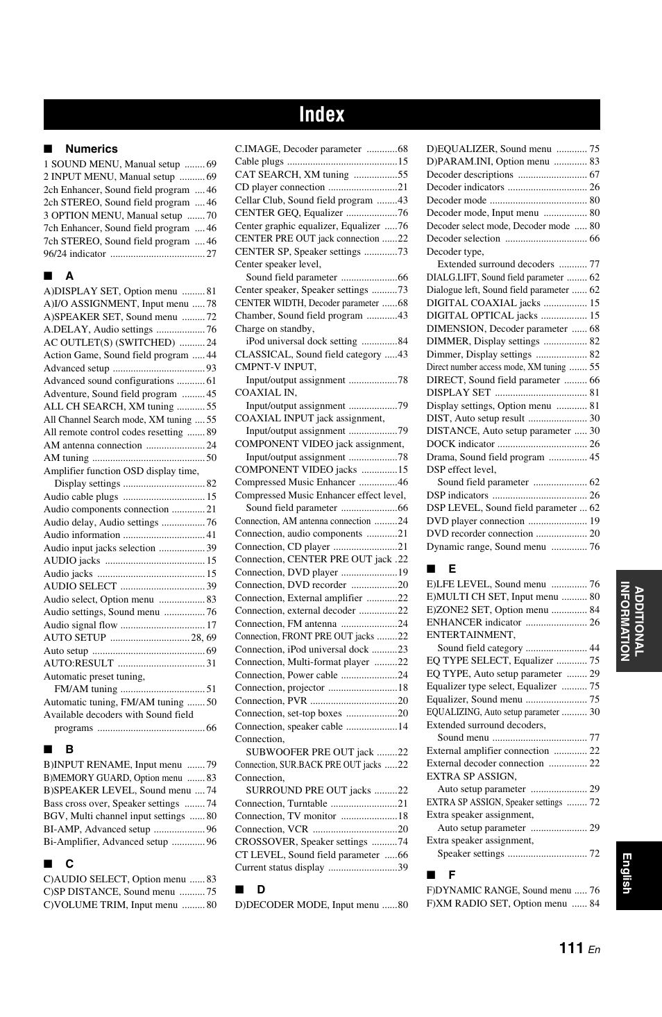 Index | Yamaha RX-V861 User Manual | Page 115 / 129