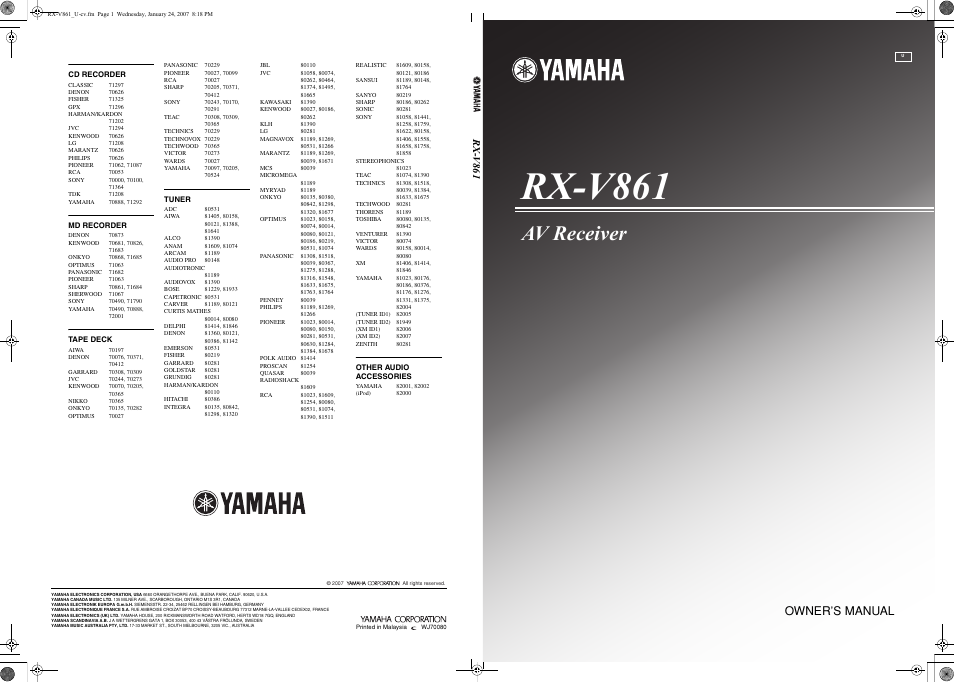 Av receiver, Owner’s manual, Rx-v861 | Yamaha RX-V861 User Manual | Page 127 / 129