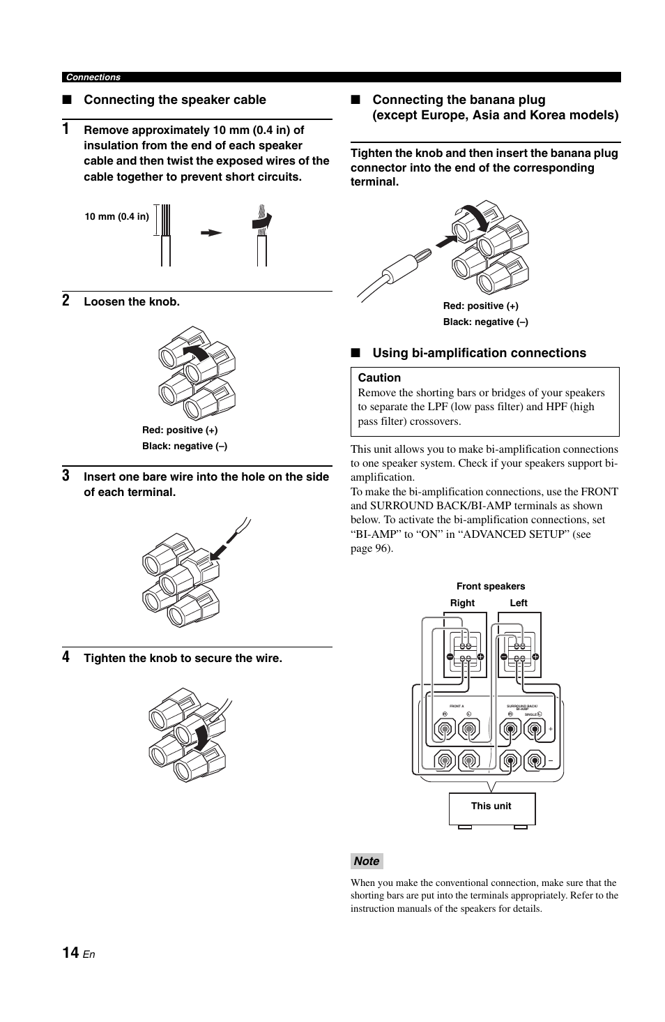 Connecting the speaker cable, Using bi-amplification connections | Yamaha RX-V861 User Manual | Page 18 / 129