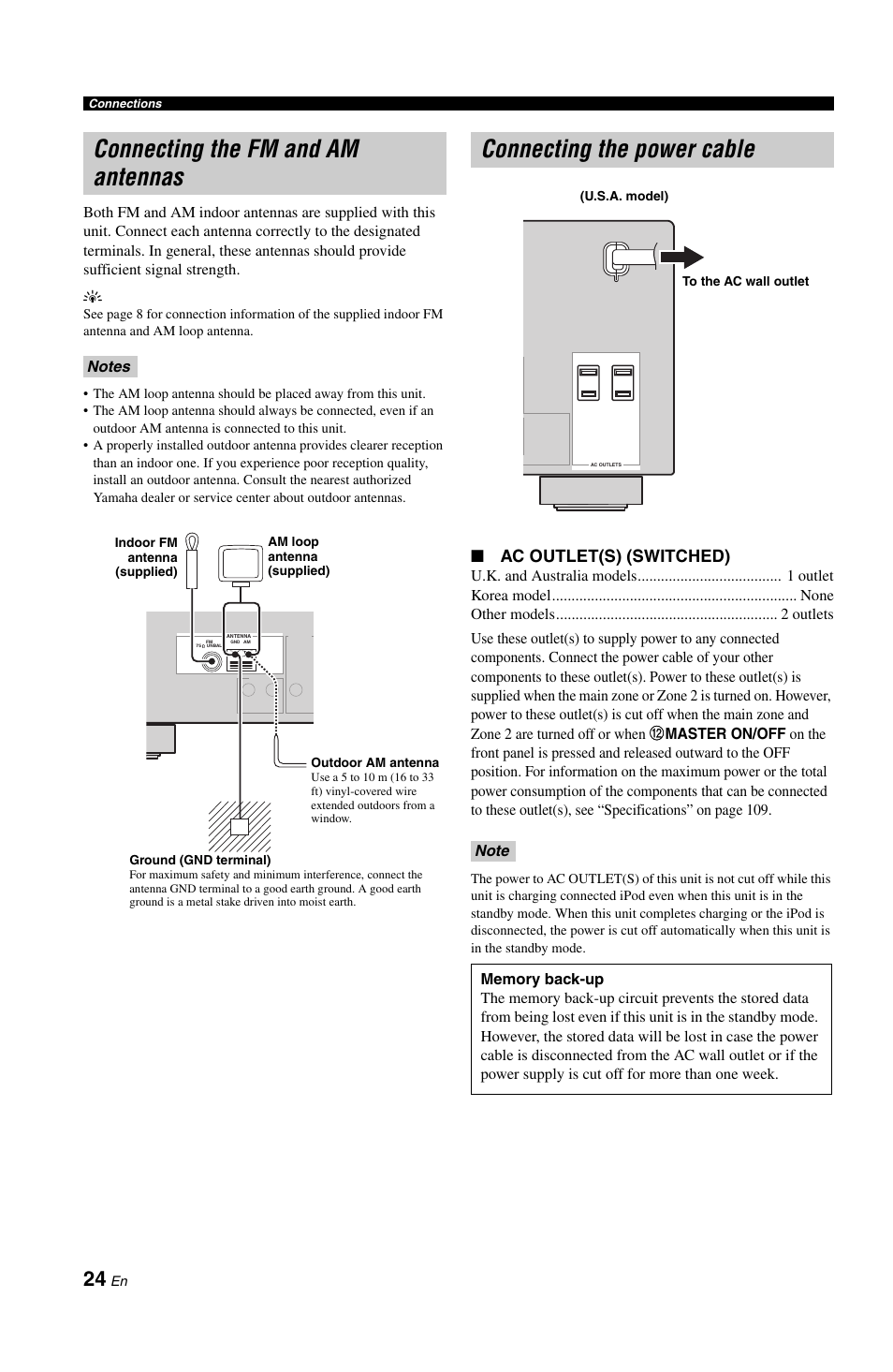 Connecting the fm and am antennas, Connecting the power cable, P. 24 | Ac outlet(s) (switched) | Yamaha RX-V861 User Manual | Page 28 / 129