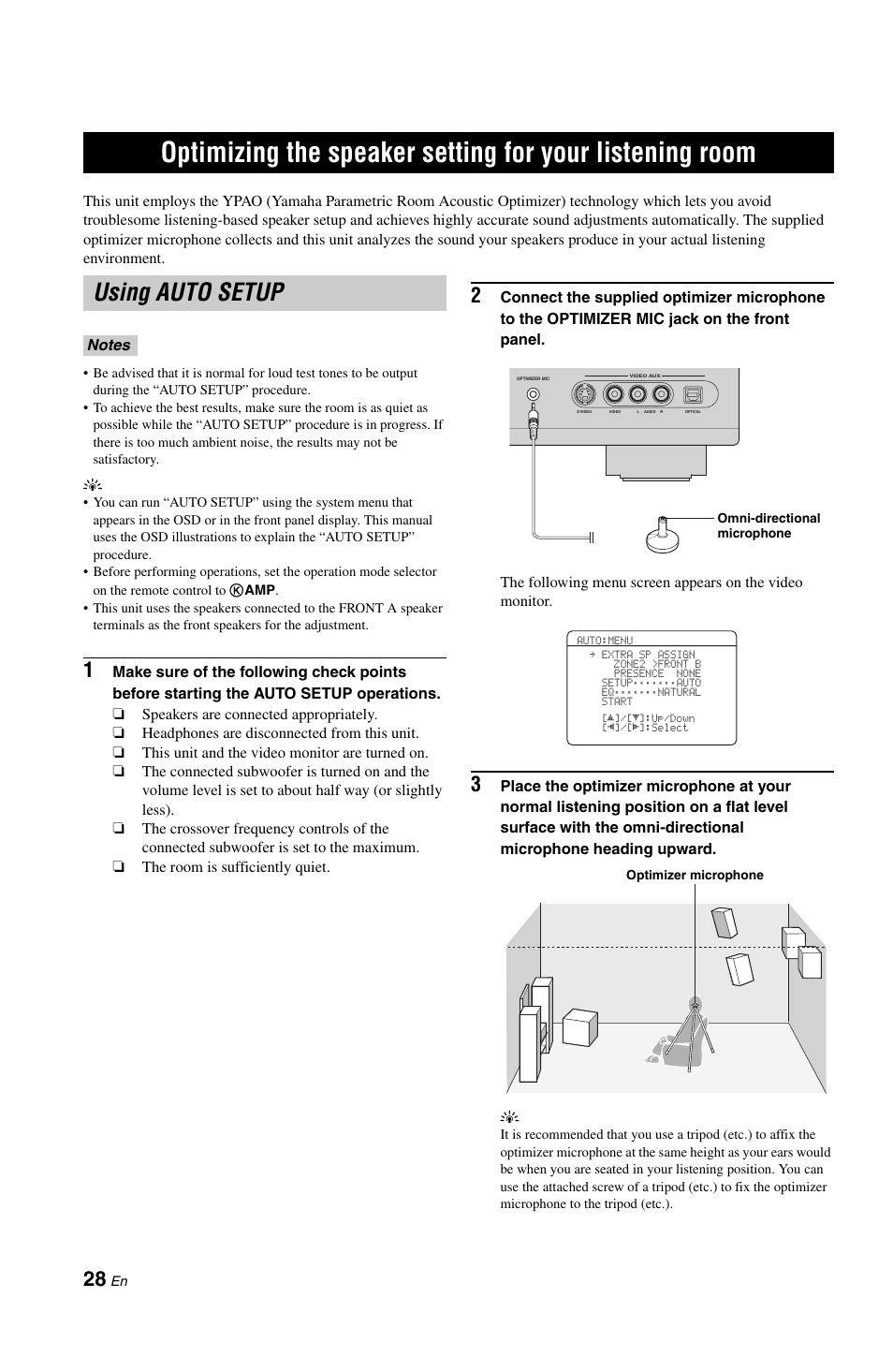 Using auto setup, Optimizing the speaker setting, For your listening room | P. 28 | Yamaha RX-V861 User Manual | Page 32 / 129