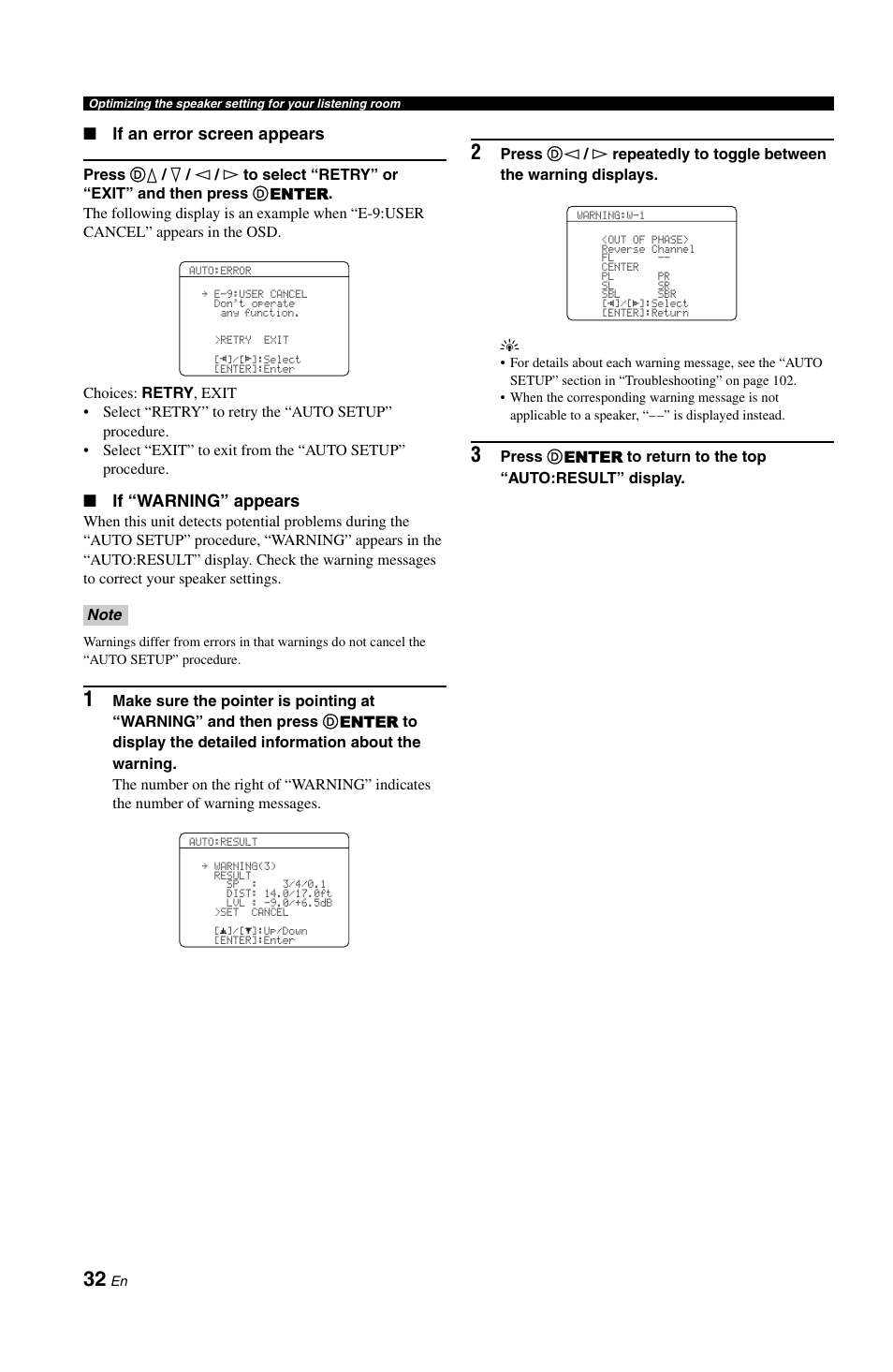 If an error screen appears, If “warning” appears | Yamaha RX-V861 User Manual | Page 36 / 129