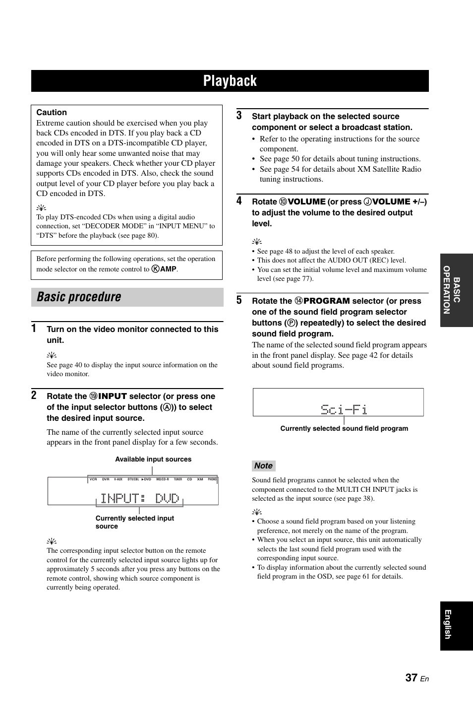 Playback, Basic procedure, P. 37 | Basic procedure input: dvd, Sci-fi | Yamaha RX-V861 User Manual | Page 41 / 129