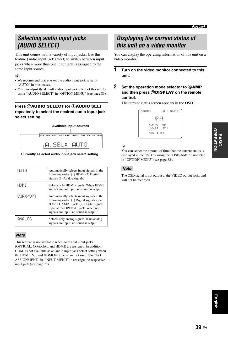 Selecting audio input jacks (audio select), On a video monitor, A.sel: auto | Yamaha RX-V861 User Manual | Page 43 / 129
