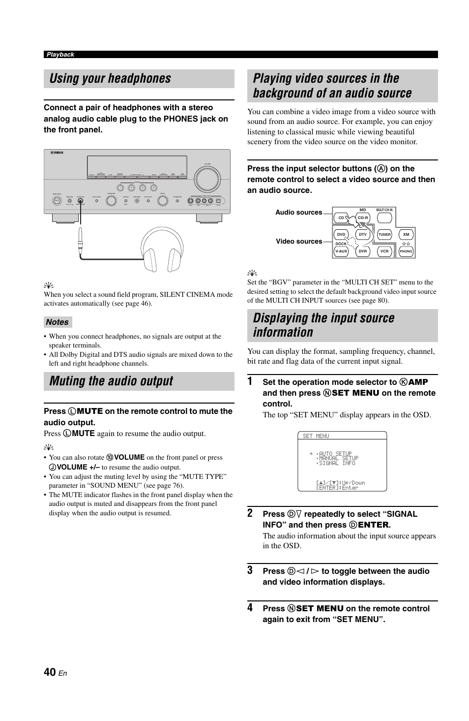 Using your headphones, Muting the audio output, Displaying the input source information | In the background of an audio source | Yamaha RX-V861 User Manual | Page 44 / 129
