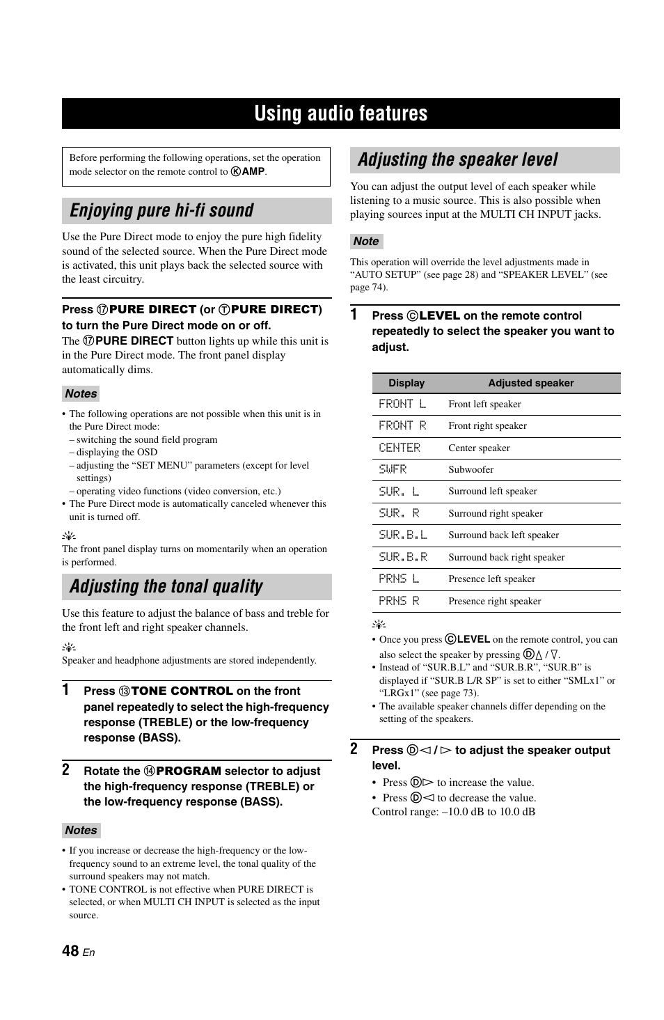 Using audio features, Enjoying pure hi-fi sound, Adjusting the tonal quality | Adjusting the speaker level, P. 48 | Yamaha RX-V861 User Manual | Page 52 / 129