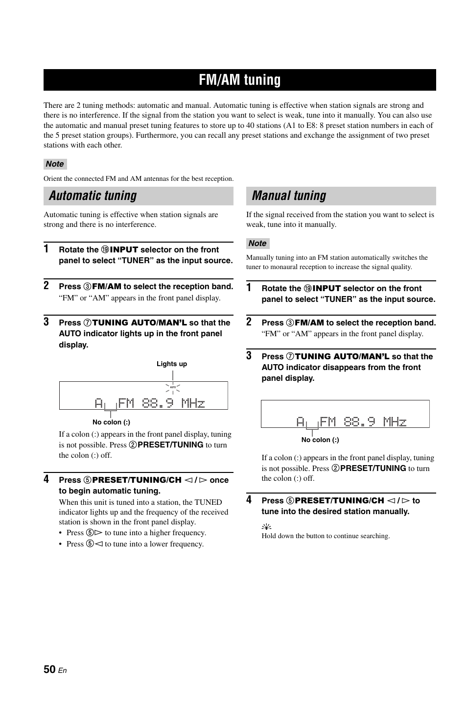 Fm/am tuning, Automatic tuning, Manual tuning | Automatic tuning manual tuning, P. 50, Automatic tuning a fm 88.9 mhz, Afm 88.9 mhz | Yamaha RX-V861 User Manual | Page 54 / 129