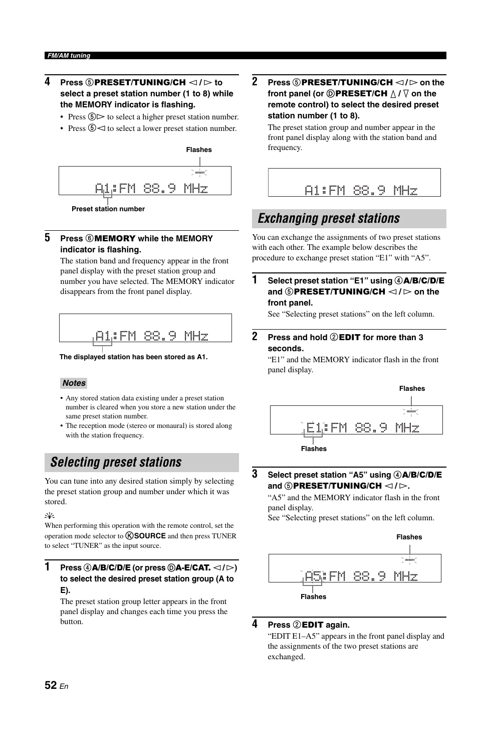 Selecting preset stations, Exchanging preset stations, Selecting preset stations a1:fm 88.9 mhz | A1:fm 88.9 mhz, A5:fm 88.9 mhz | Yamaha RX-V861 User Manual | Page 56 / 129
