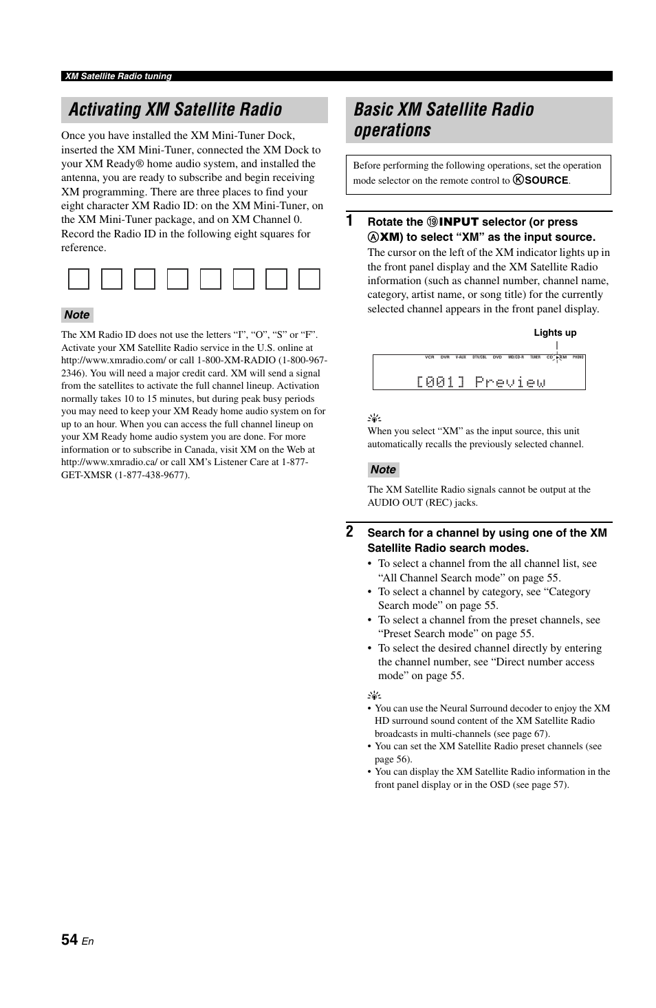 Activating xm satellite radio, Basic xm satellite radio operations, 001] preview | Yamaha RX-V861 User Manual | Page 58 / 129