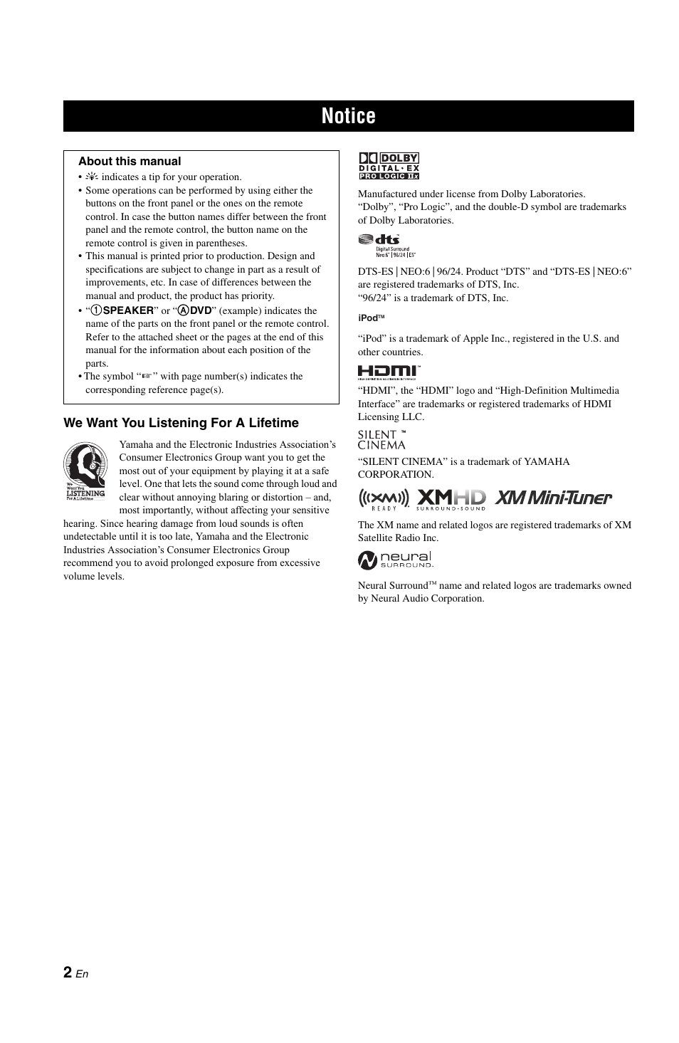 Notice, We want you listening for a lifetime | Yamaha RX-V861 User Manual | Page 6 / 129