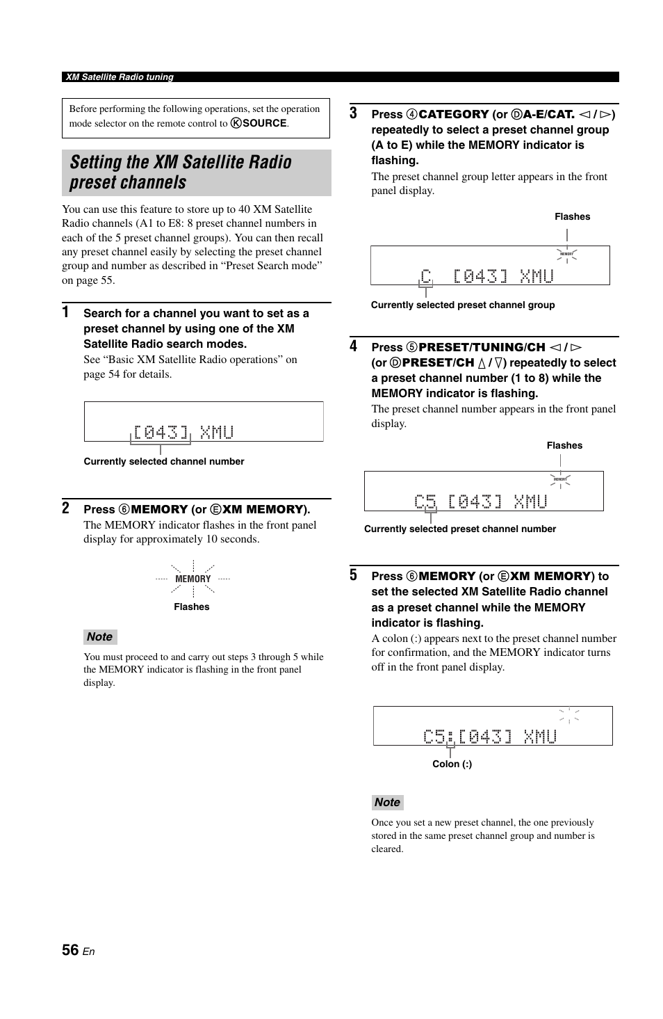 Setting the xm satellite radio preset channels, Channels (see, C5:[043] xmu | C [043] xmu, C5 [043] xmu, 043] xmu | Yamaha RX-V861 User Manual | Page 60 / 129