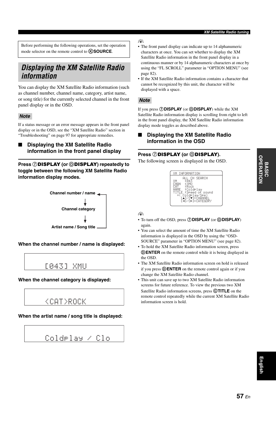 Displaying the xm satellite radio information, Cat>rock coldplay / clo, 043] xmu | Yamaha RX-V861 User Manual | Page 61 / 129