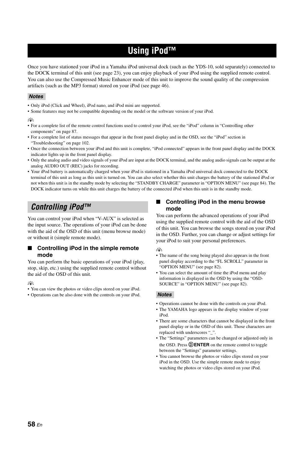 Using ipod, Controlling ipod, P. 58 | Yamaha RX-V861 User Manual | Page 62 / 129
