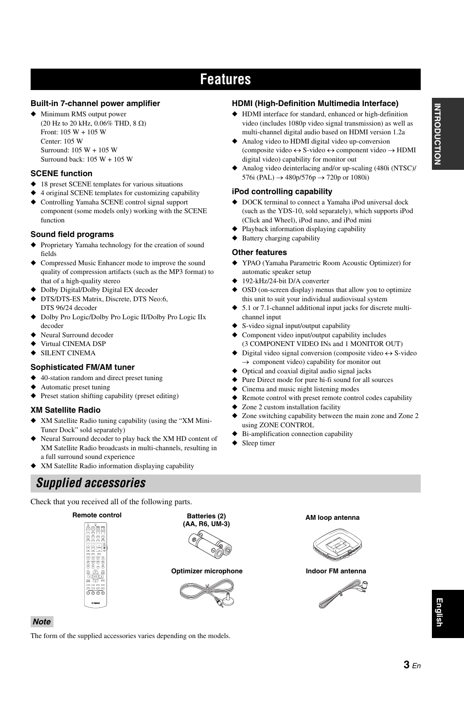 Features, Supplied accessories | Yamaha RX-V861 User Manual | Page 7 / 129