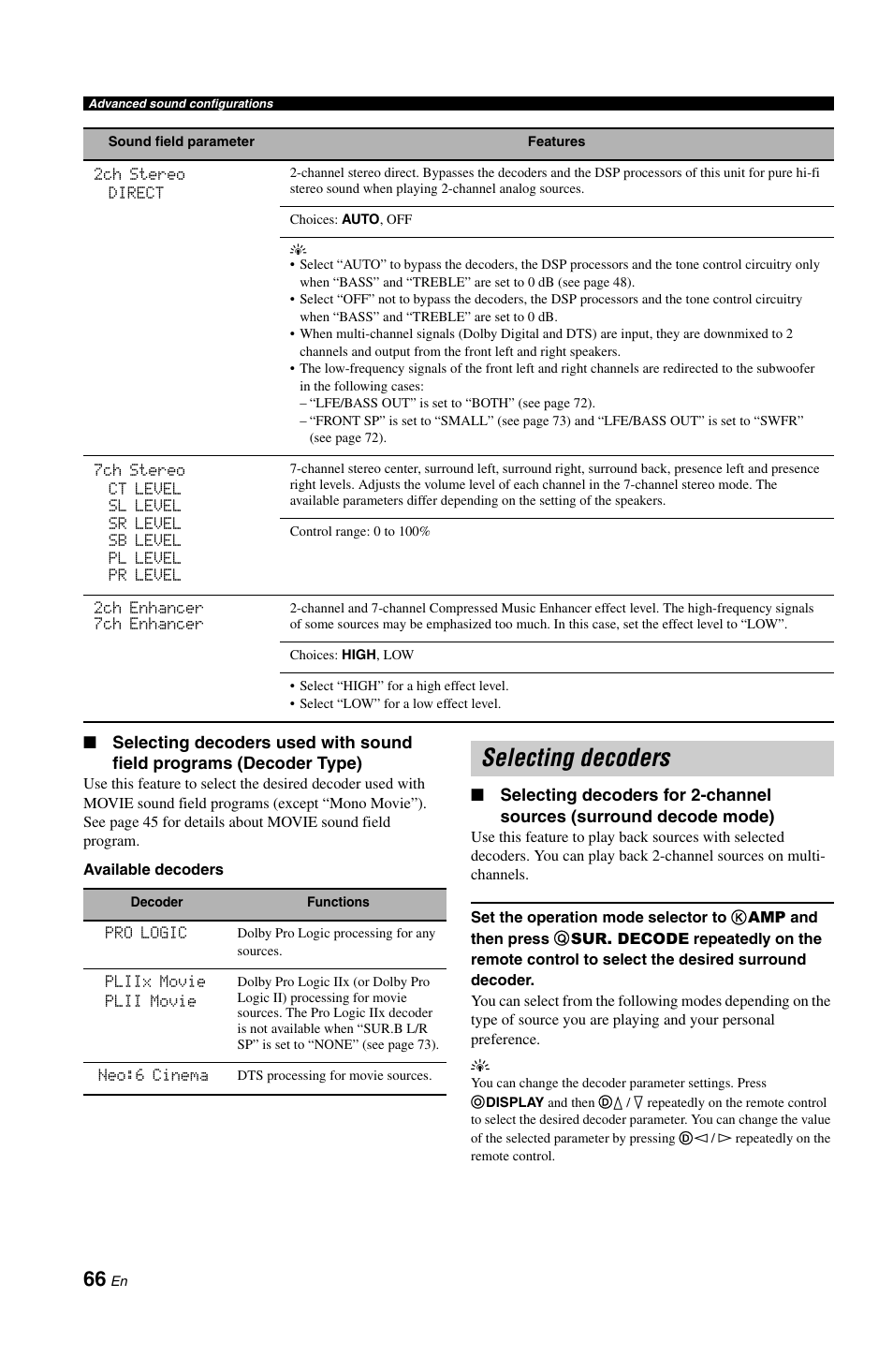 Selecting decoders | Yamaha RX-V861 User Manual | Page 70 / 129