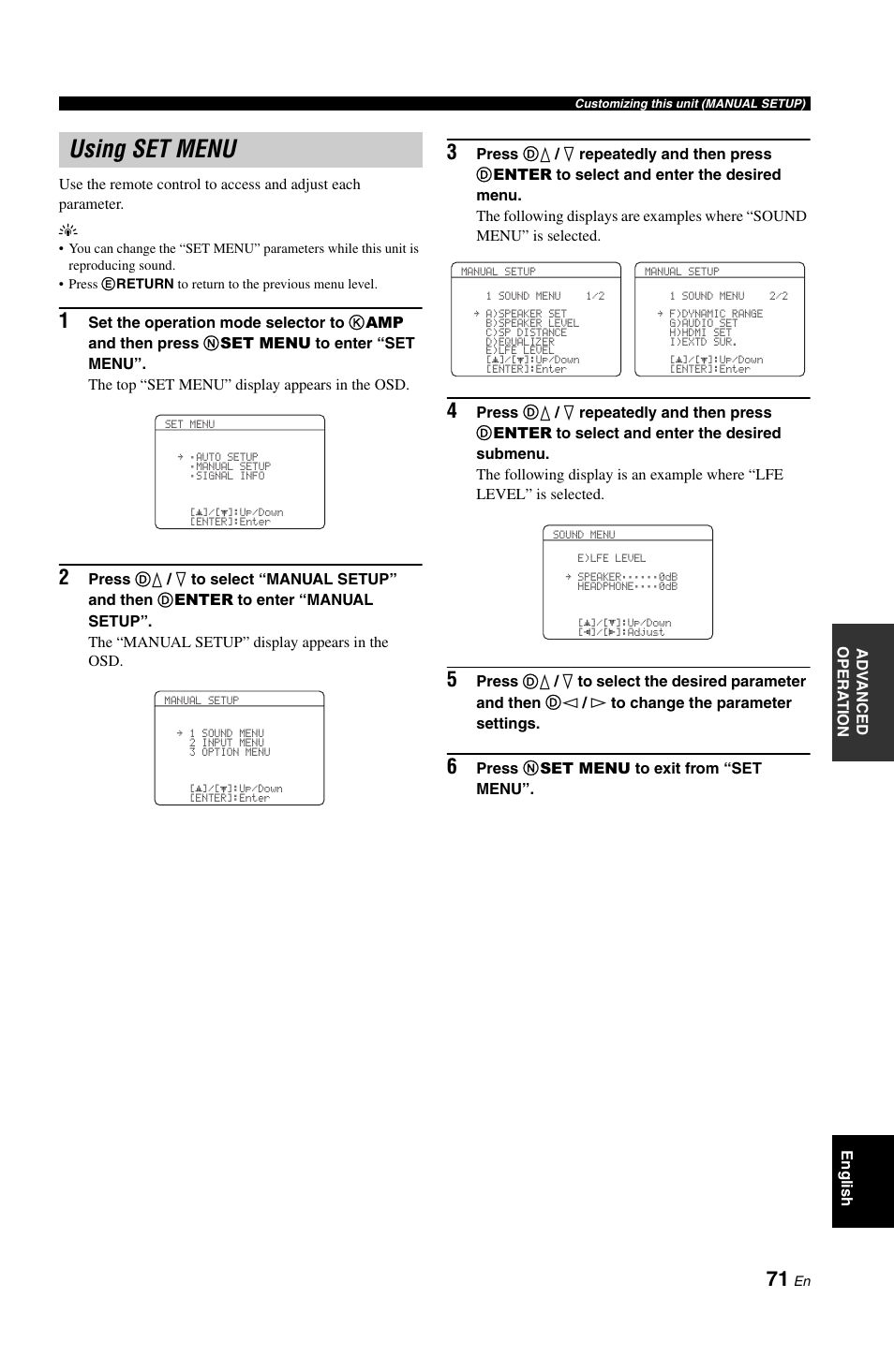 Using set menu, P. 71 | Yamaha RX-V861 User Manual | Page 75 / 129