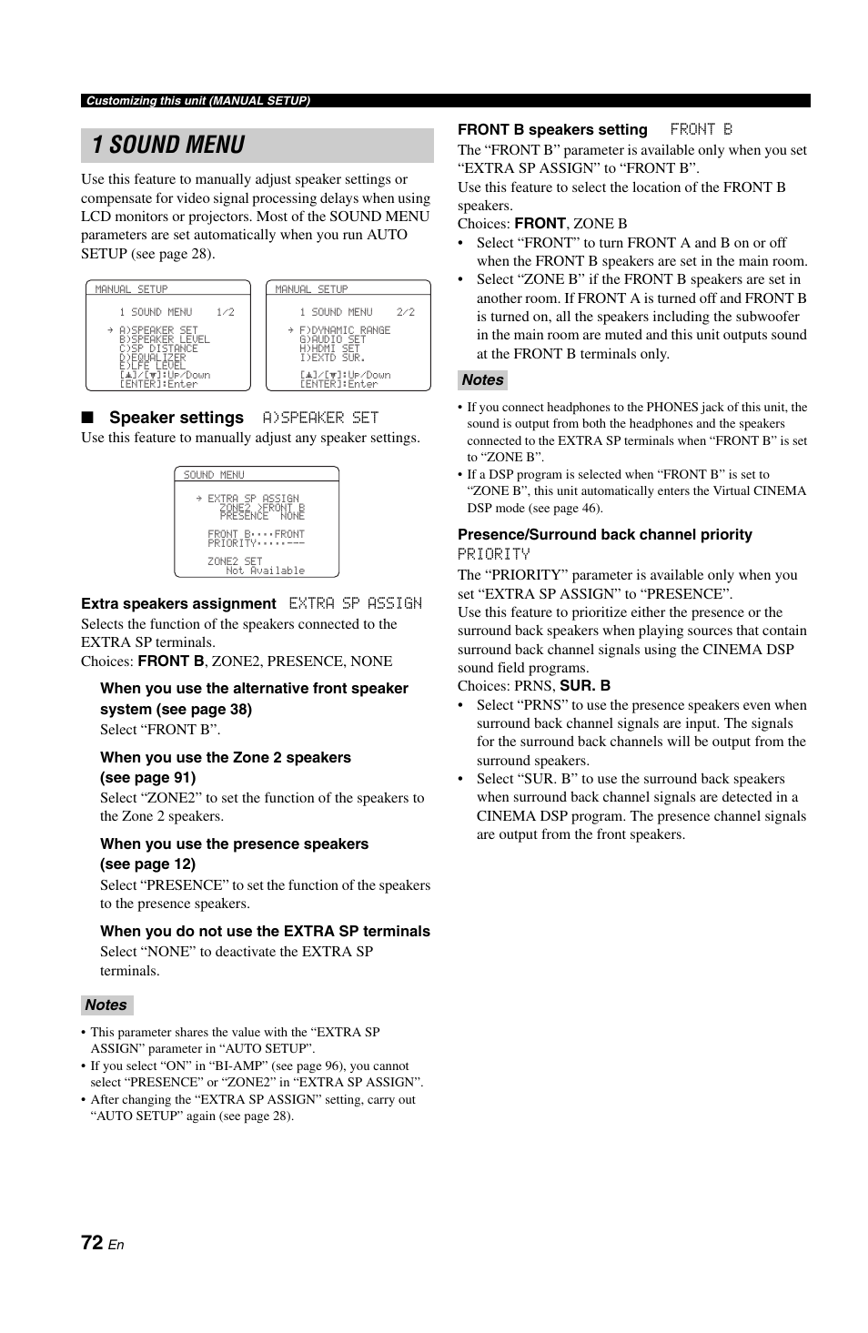 1 sound menu, Speaker settings | Yamaha RX-V861 User Manual | Page 76 / 129