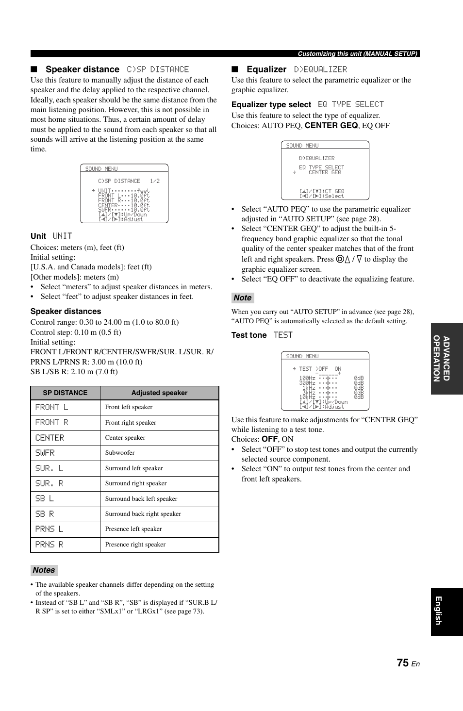 Speaker distance, Equalizer | Yamaha RX-V861 User Manual | Page 79 / 129