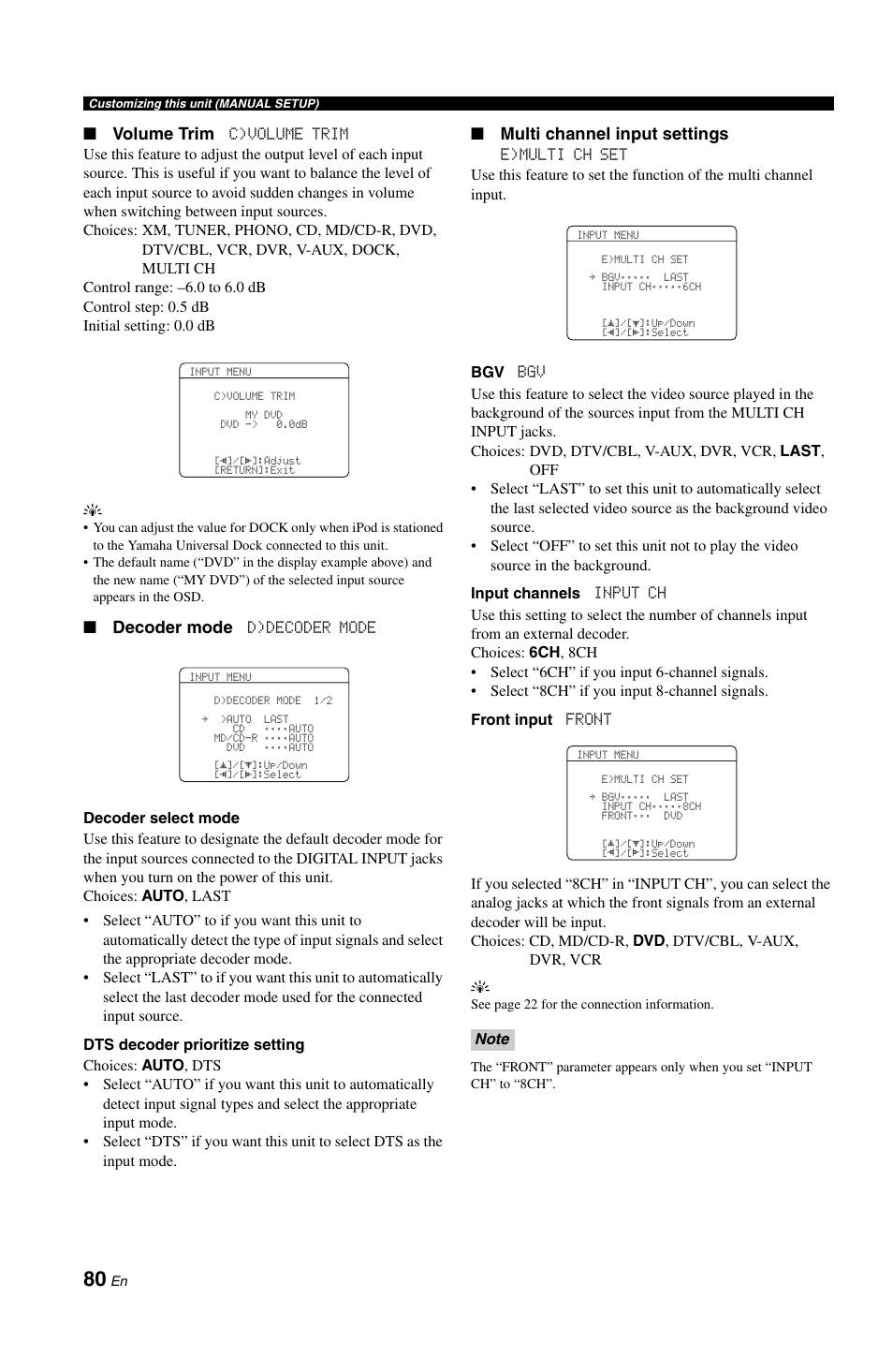 Volume trim, Decoder mode, Multi channel input settings | Yamaha RX-V861 User Manual | Page 84 / 129
