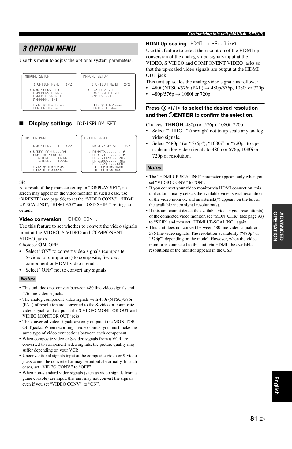 3 option menu, Display settings | Yamaha RX-V861 User Manual | Page 85 / 129