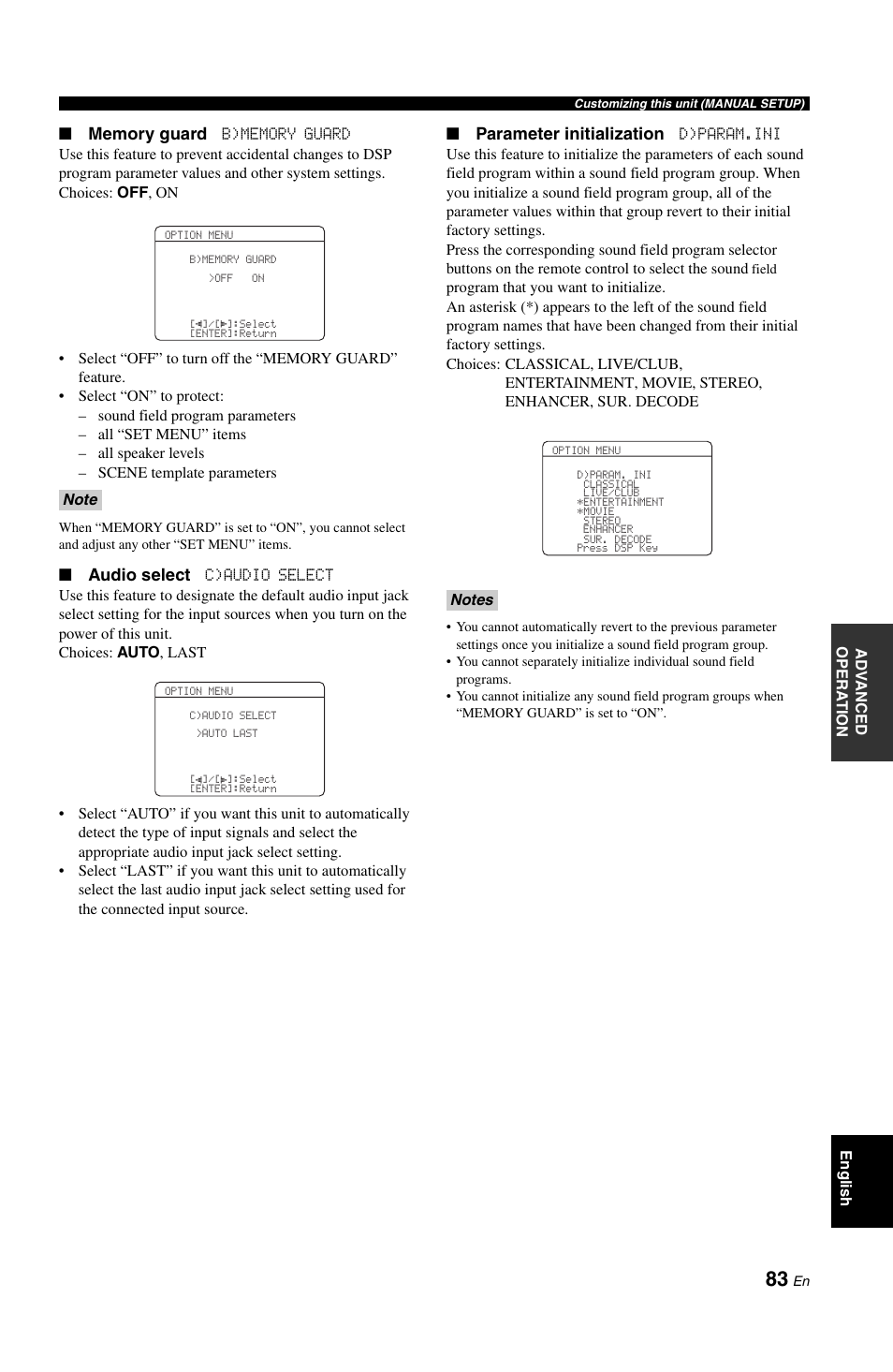 Audio select, Parameter initialization | Yamaha RX-V861 User Manual | Page 87 / 129
