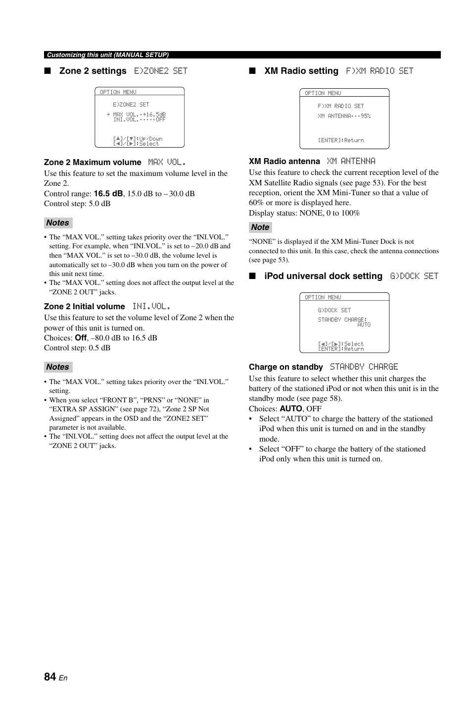 Zone 2 settings, Xm radio setting, Ipod universal dock setting | Yamaha RX-V861 User Manual | Page 88 / 129
