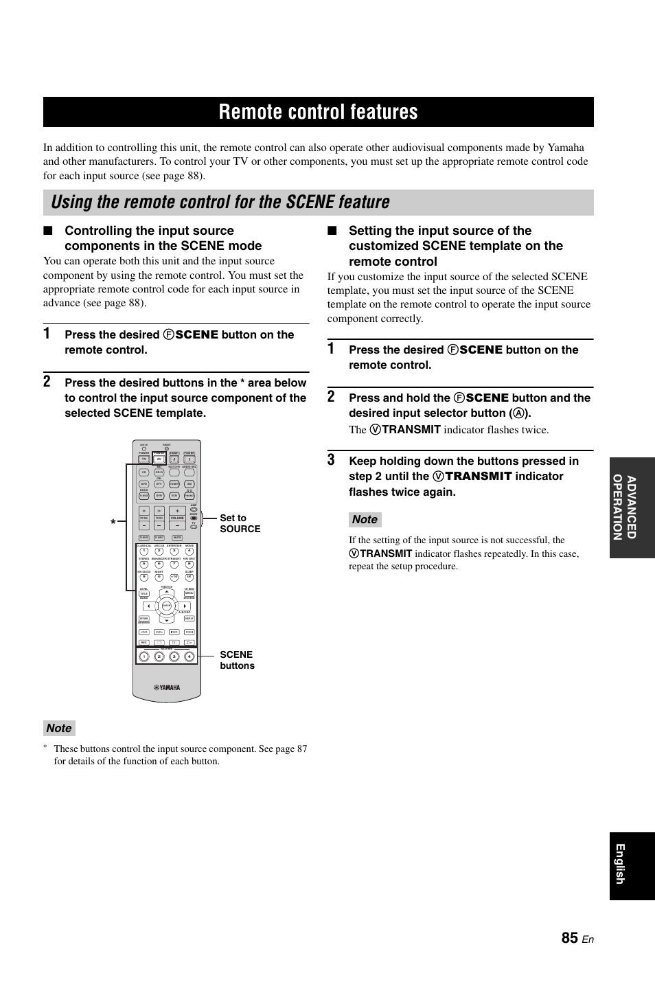 Remote control features, Using the remote control for the scene feature, P. 85 | Set to source scene buttons | Yamaha RX-V861 User Manual | Page 89 / 129