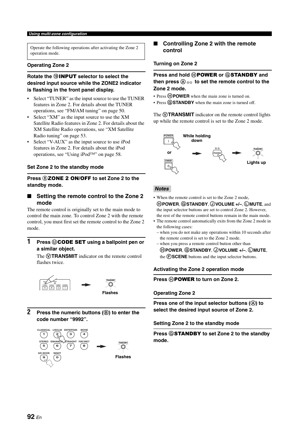 Setting the remote control to the zone 2 mode, Controlling zone 2 with the remote control | Yamaha RX-V861 User Manual | Page 96 / 129