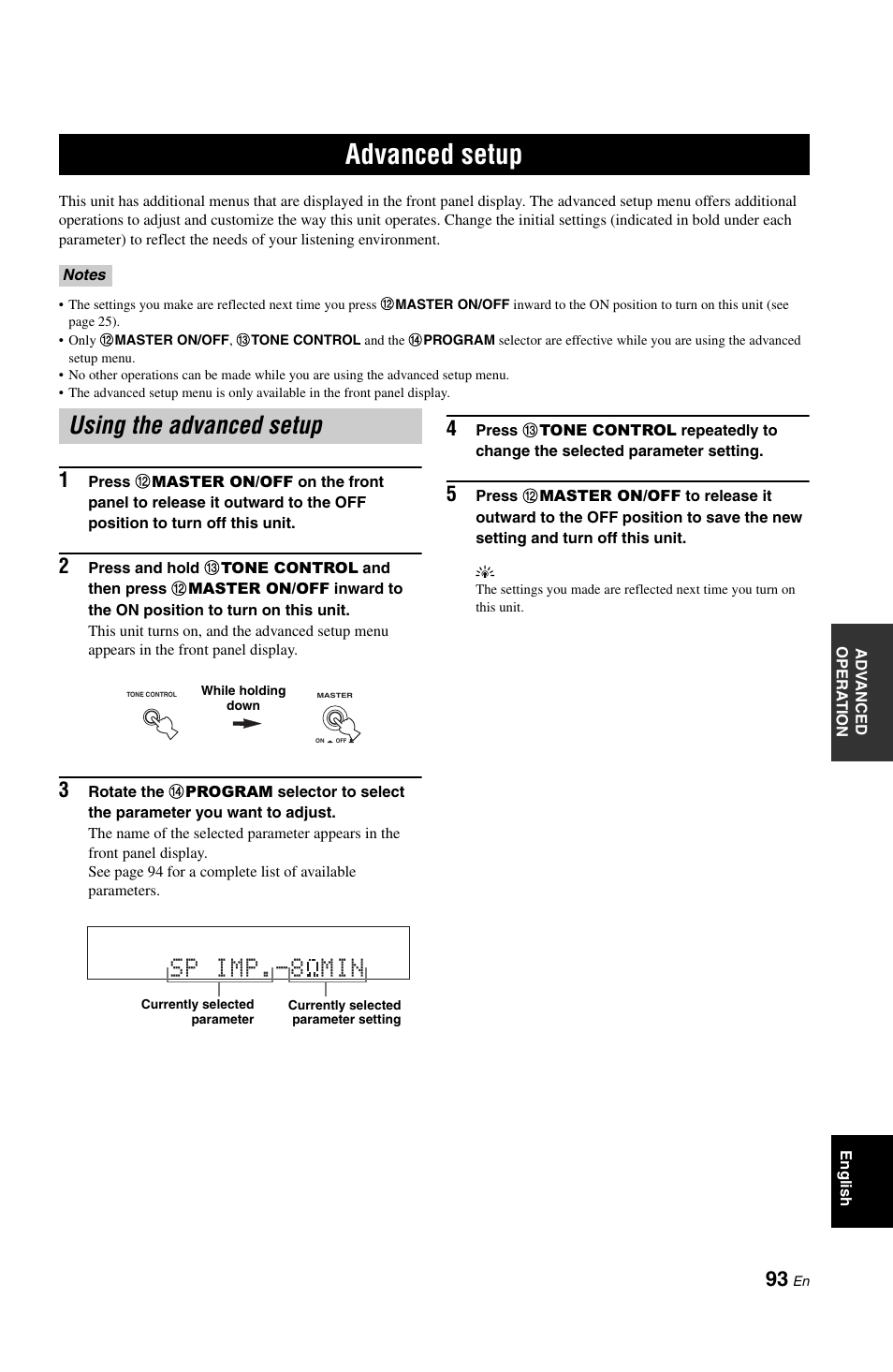 Advanced setup, Using the advanced setup, P. 93 | Sp imp min | Yamaha RX-V861 User Manual | Page 97 / 129