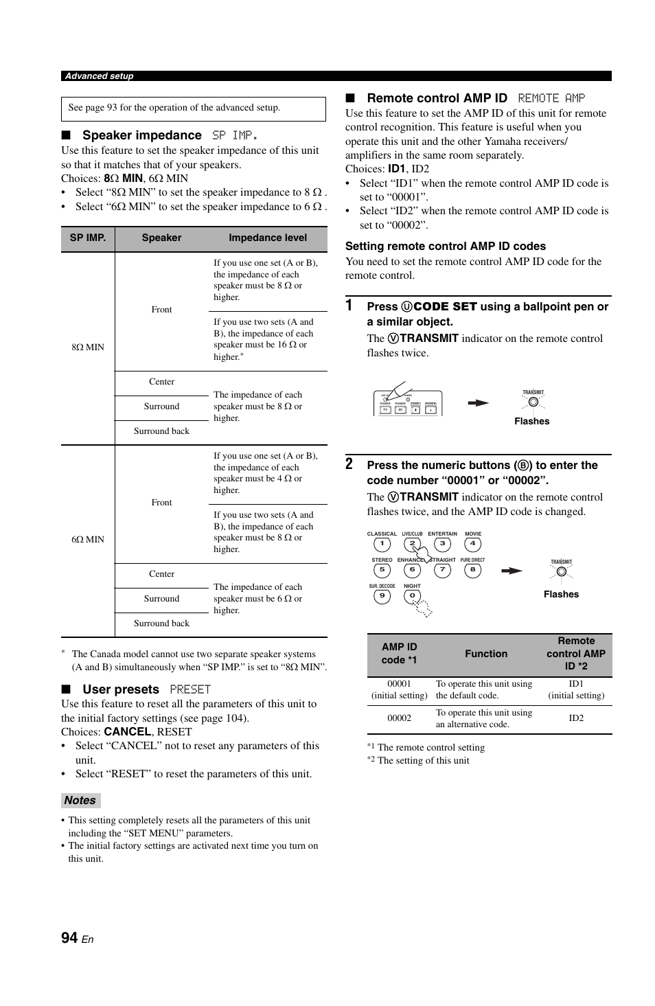 Speaker impedance, User presets, Remote control amp id | Yamaha RX-V861 User Manual | Page 98 / 129