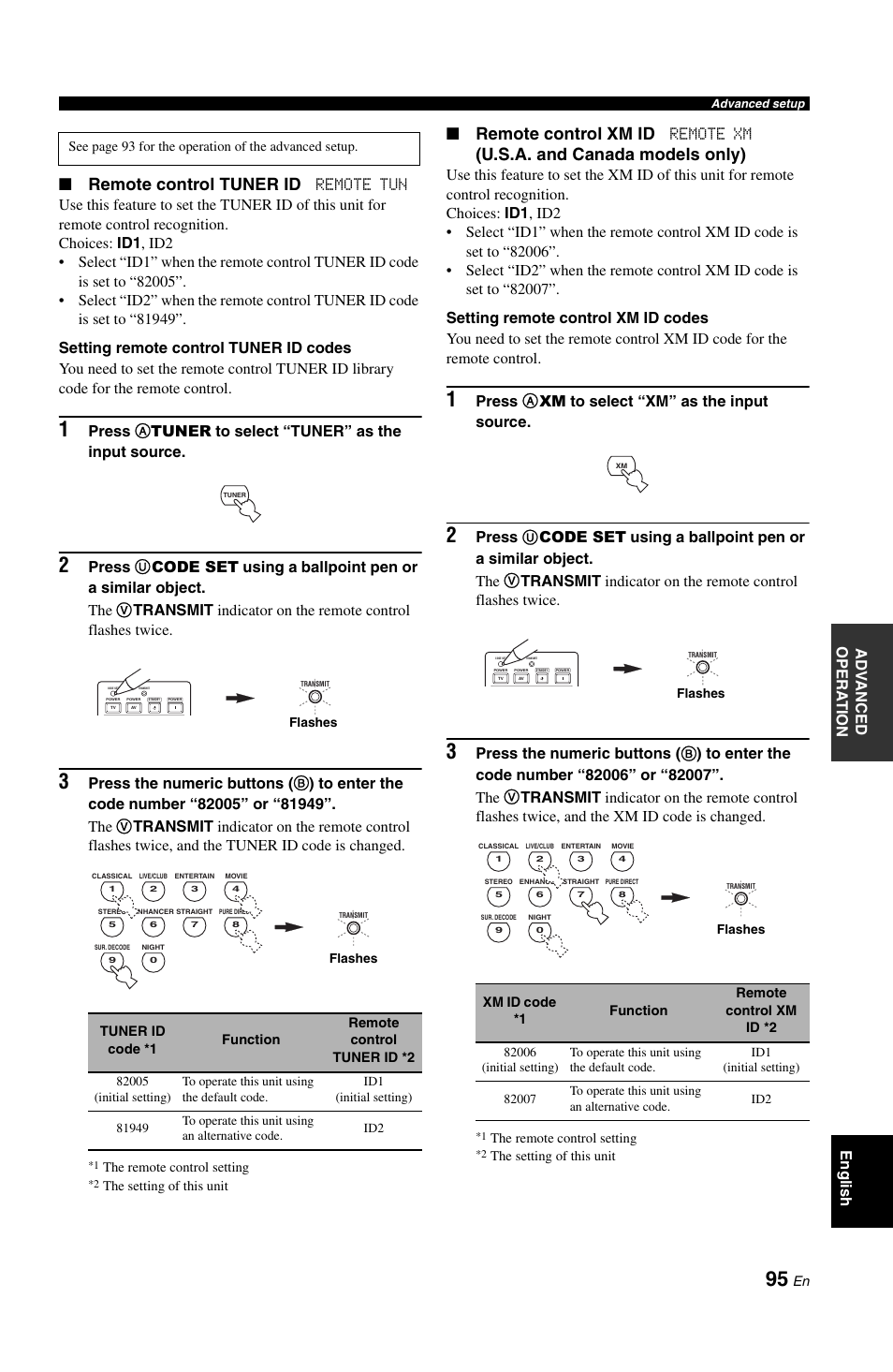 Remote control tuner id, Remote control xm id, U.s.a. and canada models only) | Ad v anced opera t ion english, Remote xm, Press a xm to select “xm” as the input source | Yamaha RX-V861 User Manual | Page 99 / 129