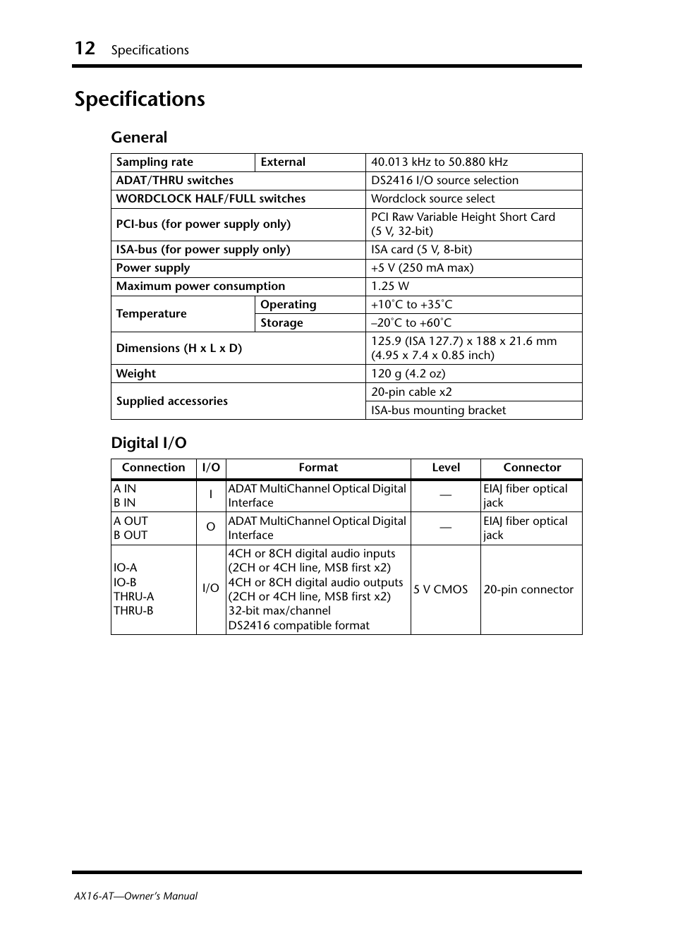 Specifications, General digital i/o | Yamaha AX16-AT User Manual | Page 12 / 65