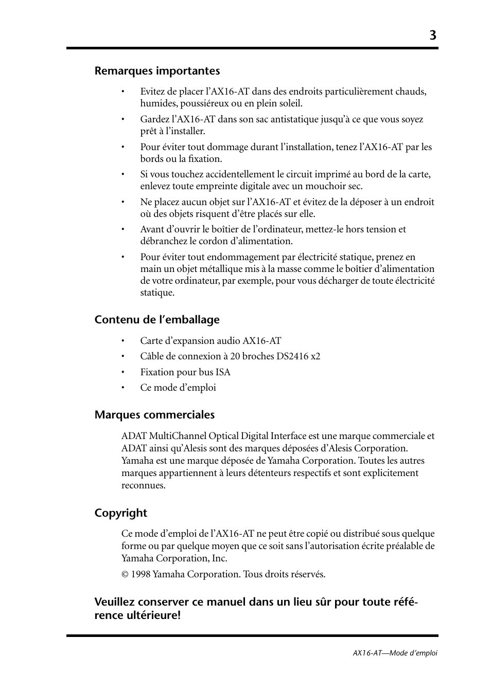 Remarques importantes | Yamaha AX16-AT User Manual | Page 16 / 65