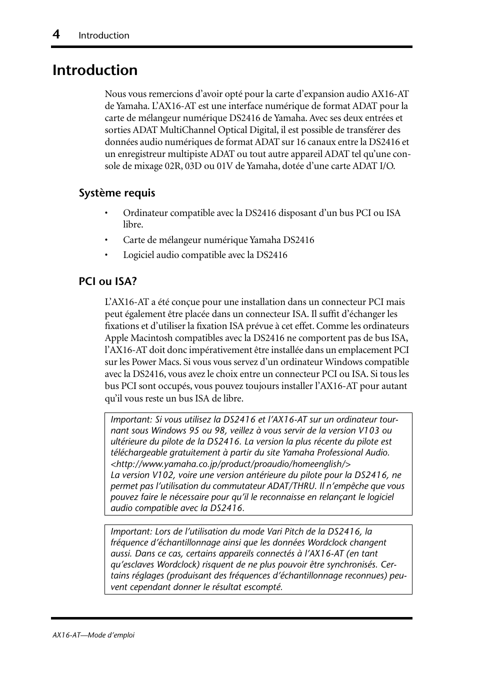 Introduction, Système requis | Yamaha AX16-AT User Manual | Page 17 / 65